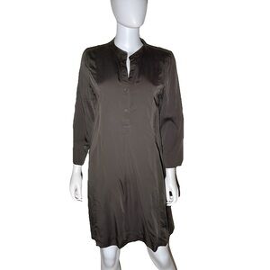 Eileen Fisher Brown Mandarin Collar Tencel Midi Dress Sz S Roll Tab 3/4 Sleeve